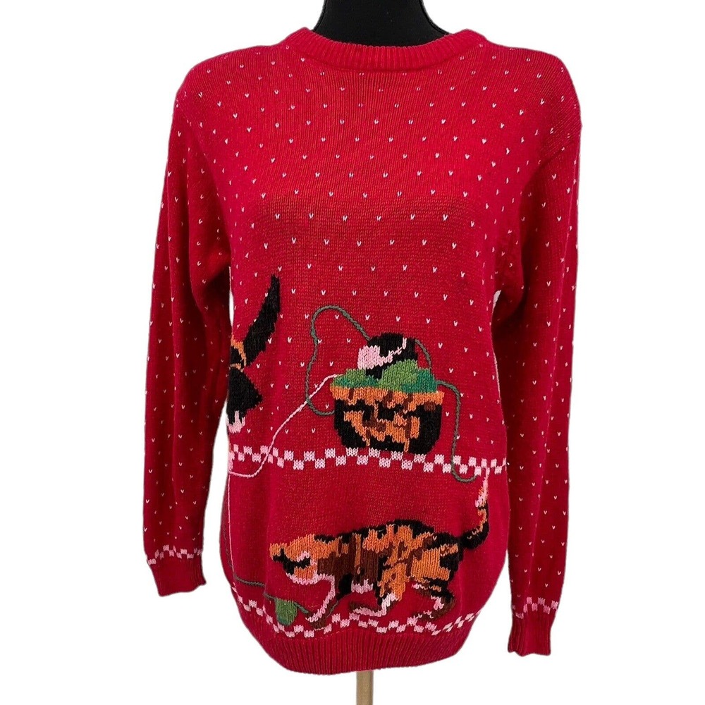 Vintage Pedder Street Red Fair Isle Cat Kitten Knitters Yarn Sweater Small‎